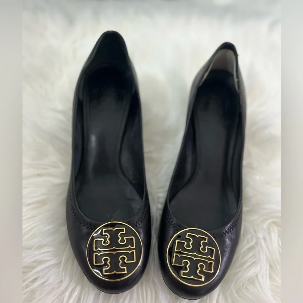 Tory Burch Black Leather Logo Ballet Flats with Gold Emblem